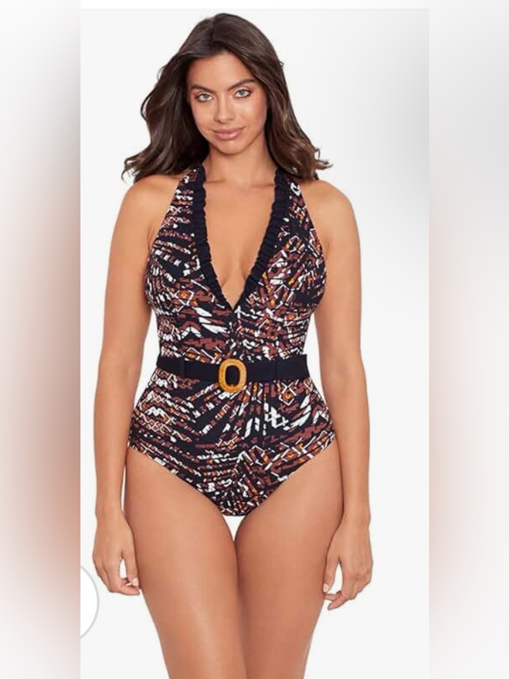 Skinnydippers by Miracle Suit Ruffled V-Neck One-Piece Swimsuit in Black Multi